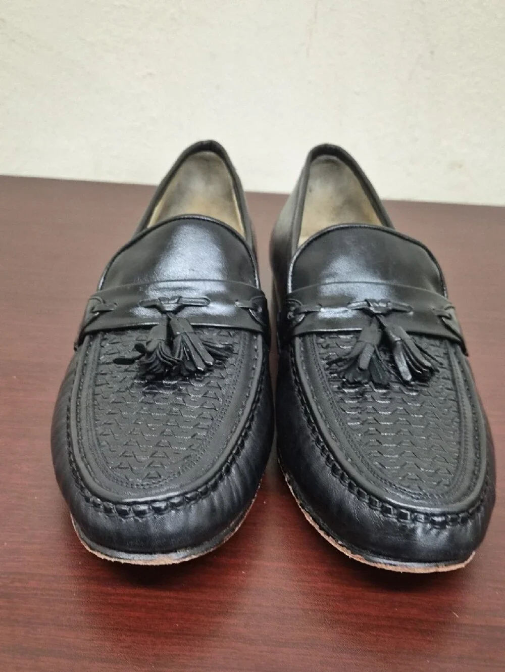 Men's Black Tassel Woven Leather Slip-On Loafers | Size 11.5